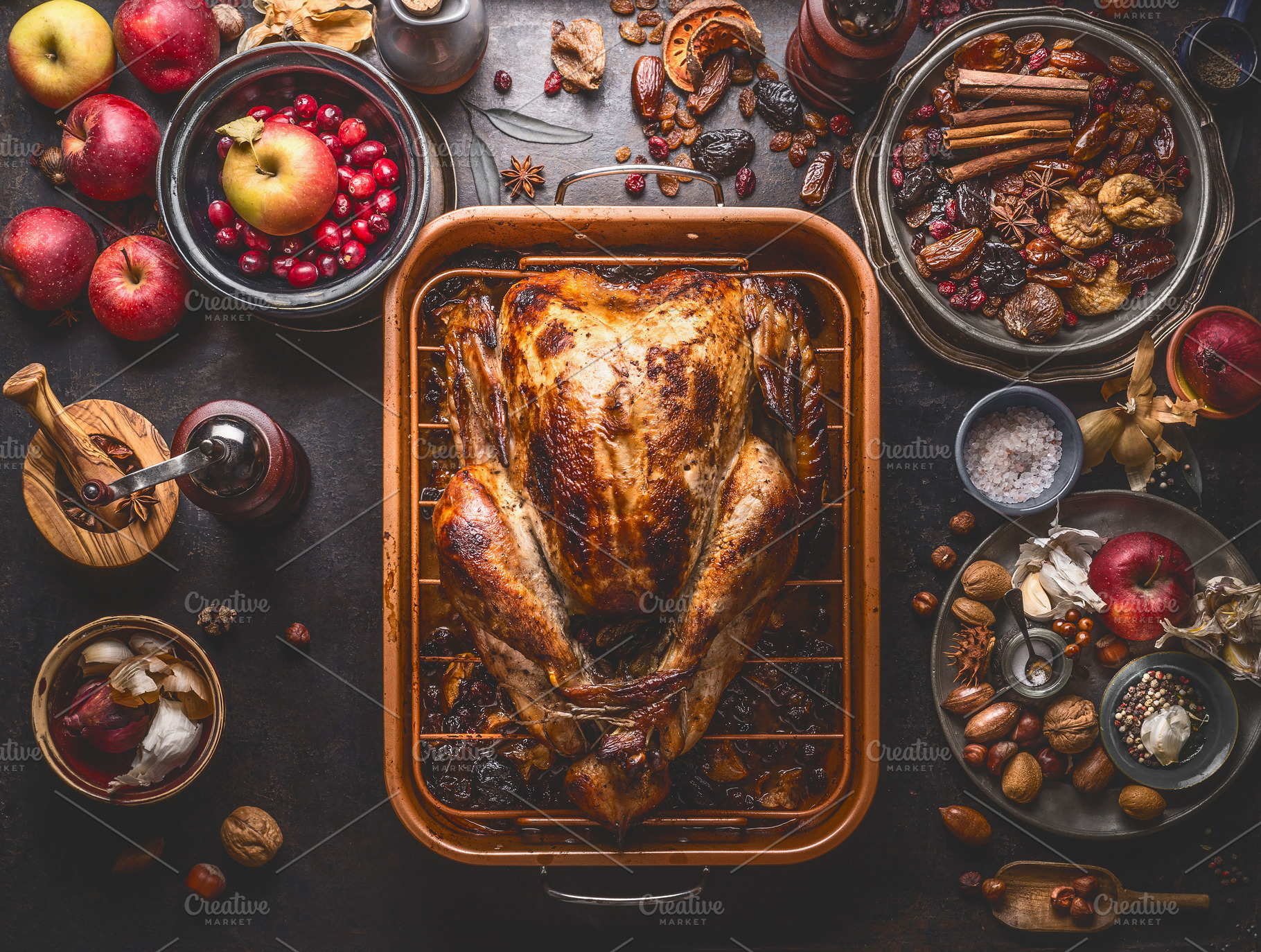 Thanksgiving dinner with turkey featuring apples, autumn, and autumn cooking, a Food & Drink Photo by VICUSCHKA