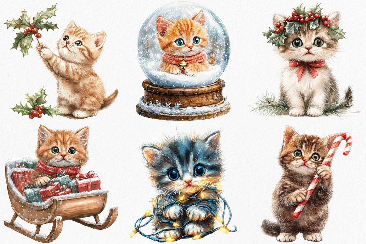 Cute Christmas Kitten Clipart, an Illustration by Canvas Craft (Photo 2 of 7)