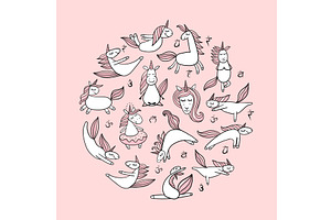 Funny Unicorns Doing Yoga. Circle