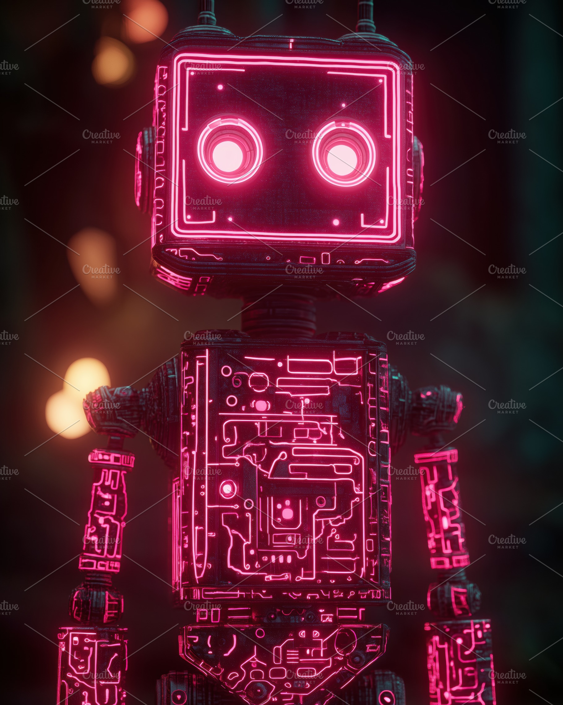 A futuristic robot with a glowing pink circuit design, featuring a
