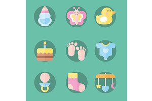 nine baby shower icons, an Object Illustration by studiogstock