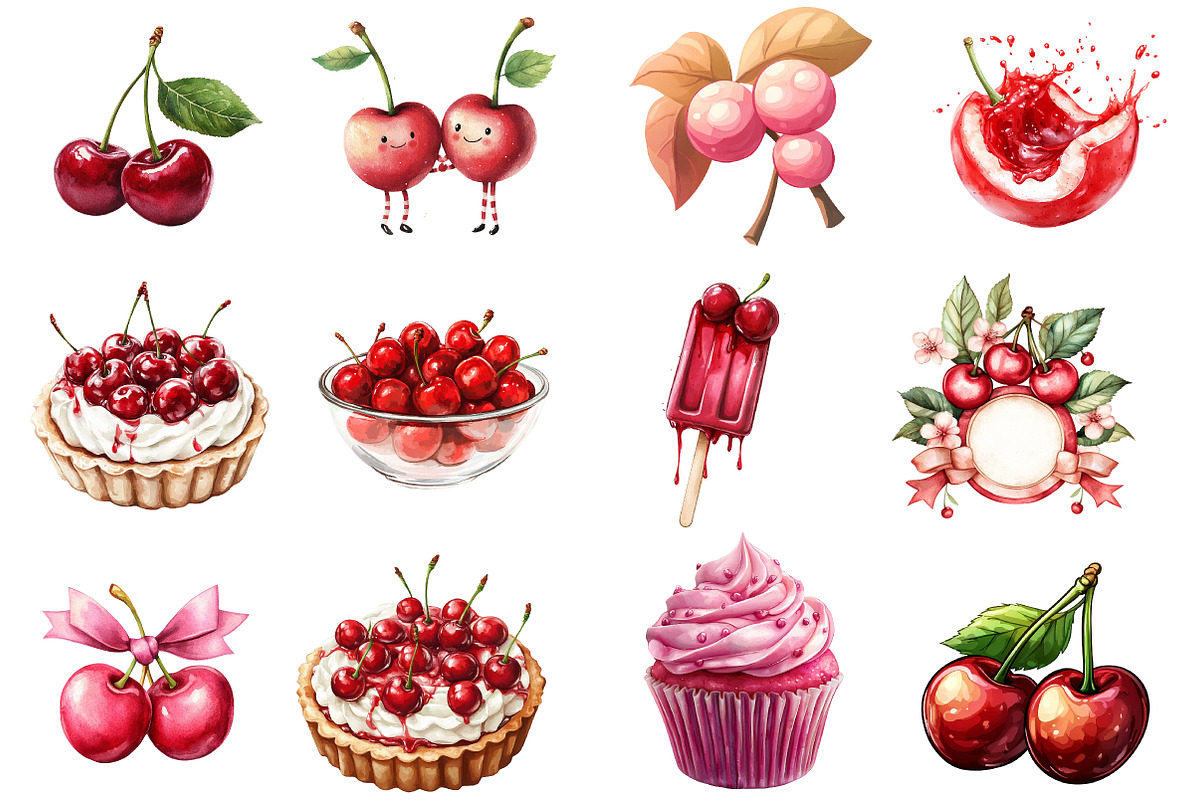 Cherry Fruit Clipart, Berries Cherry, an Illustration by Watercolor design (Photo 2 of 5)