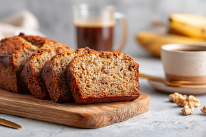 Delicious banana bread slices served on a wooden board beside coffee and banana, a Food & Drink Photo by AlyaAnd