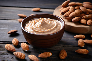 Bowl of almond butter on wooden background, a Food & Drink Photo by AlyaAnd