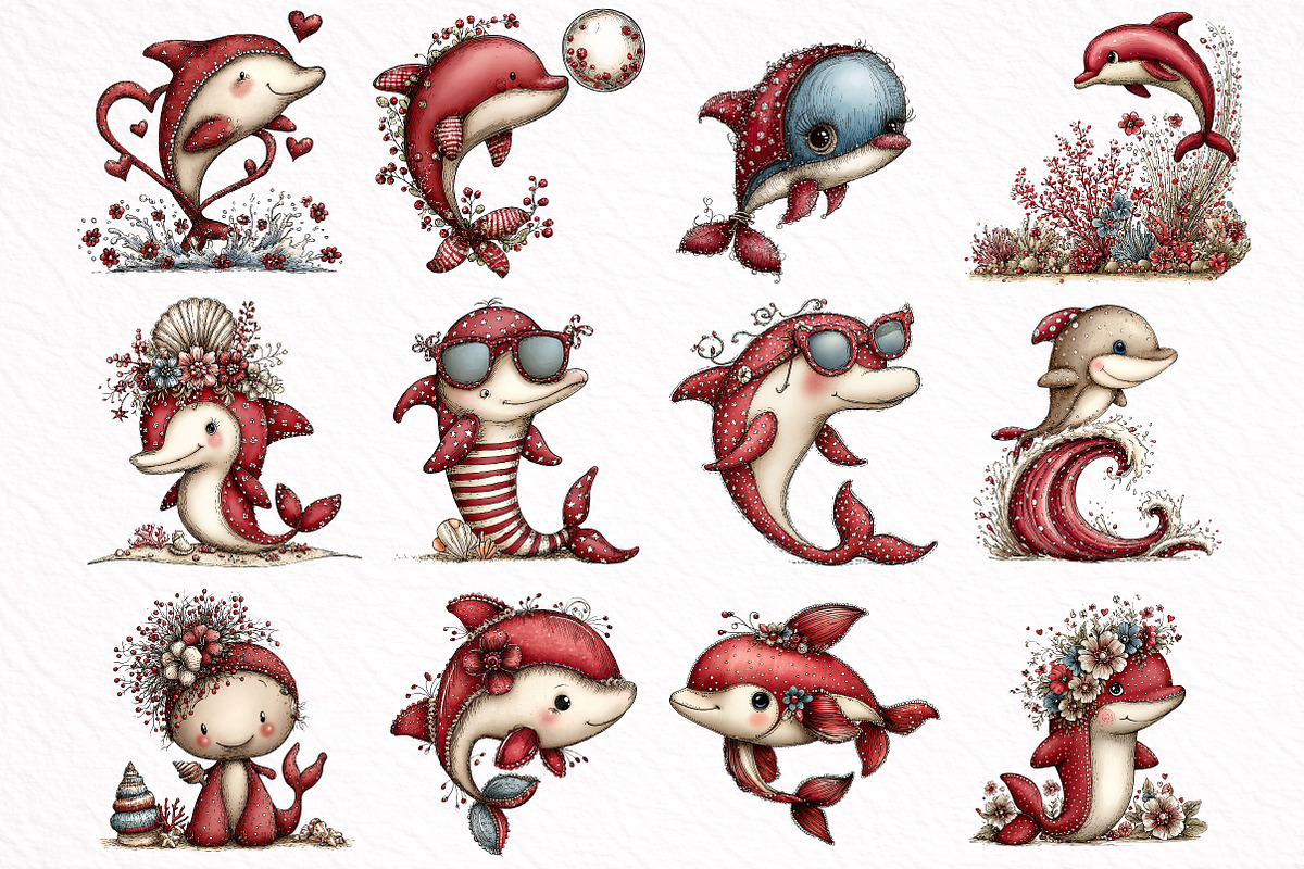 Whimsical Summer Dolphins Clipart, an Illustration by DreamArtGraphic (Photo 2 of 8)