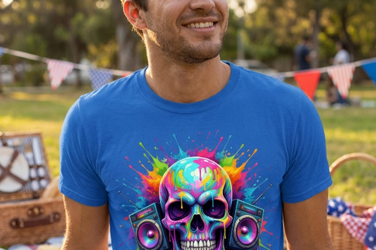 Neon Boombox Skull Splash Art, a Shirt Mockup by Vector Stall (Photo 7 of 15)