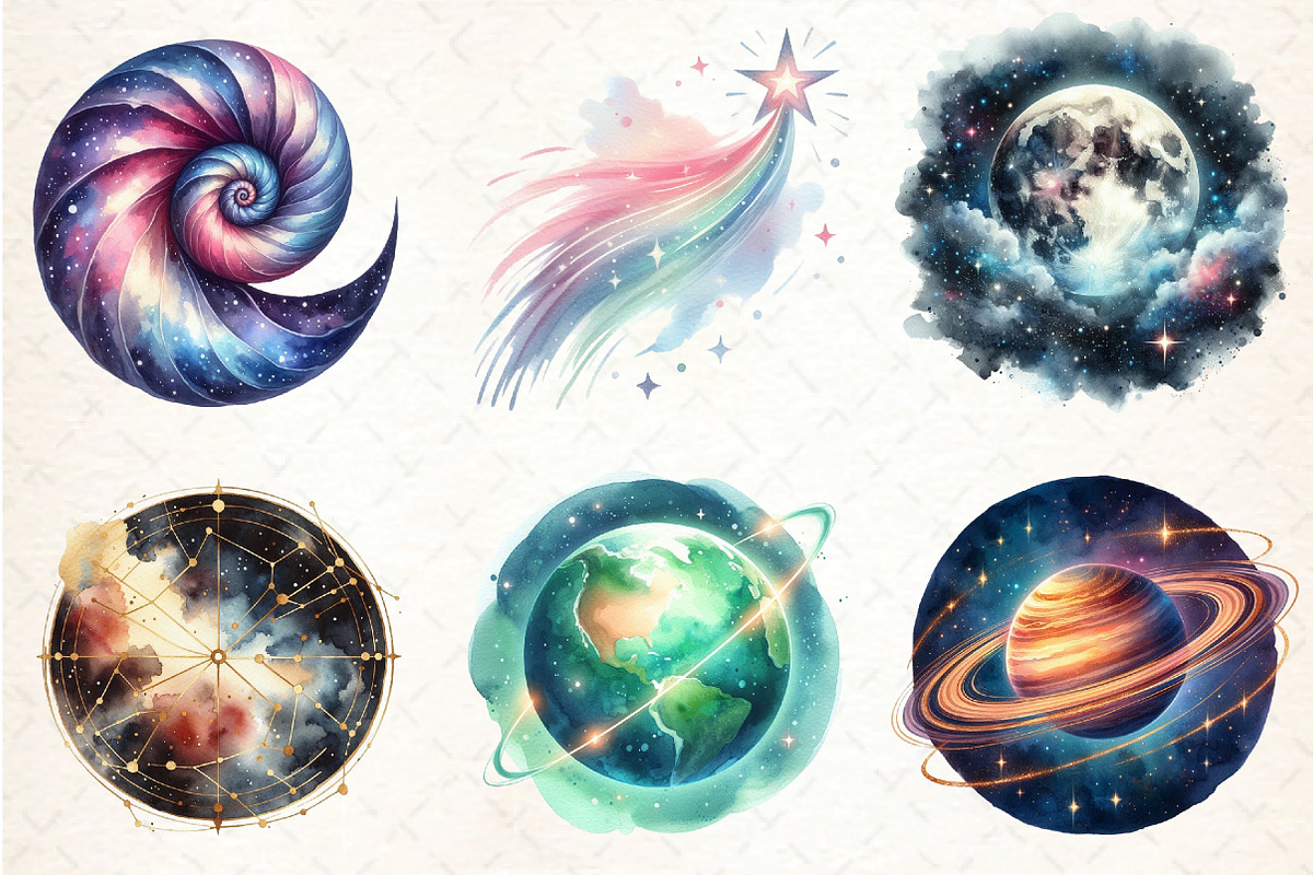 Watercolor Universe Clipart, an Illustration by DreamCafeArt (Photo 2 of 7)