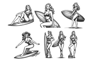 Pin-Up Girls Surfing engraving, a Person Illustration by AlexArt