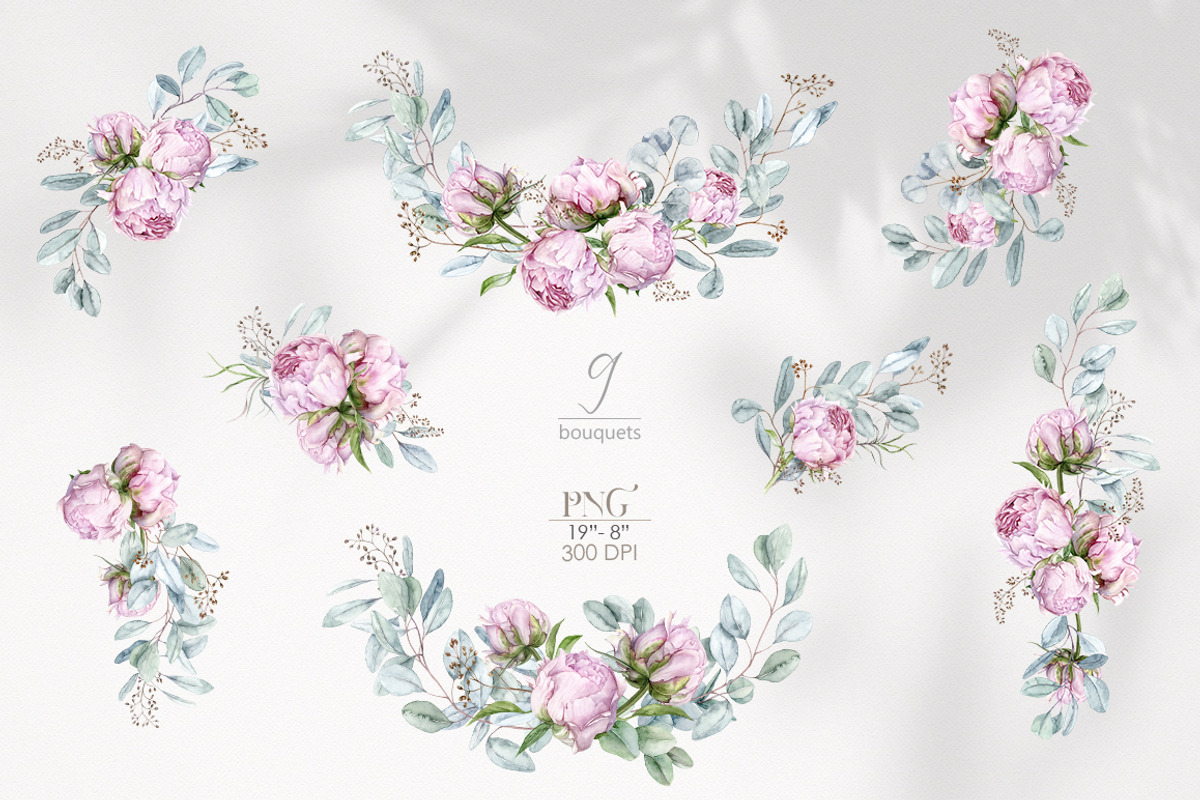 Pink Peonies and Eucalyptus clipart, a Decorative Illustration by ReachDreams (Photo 3 of 10)