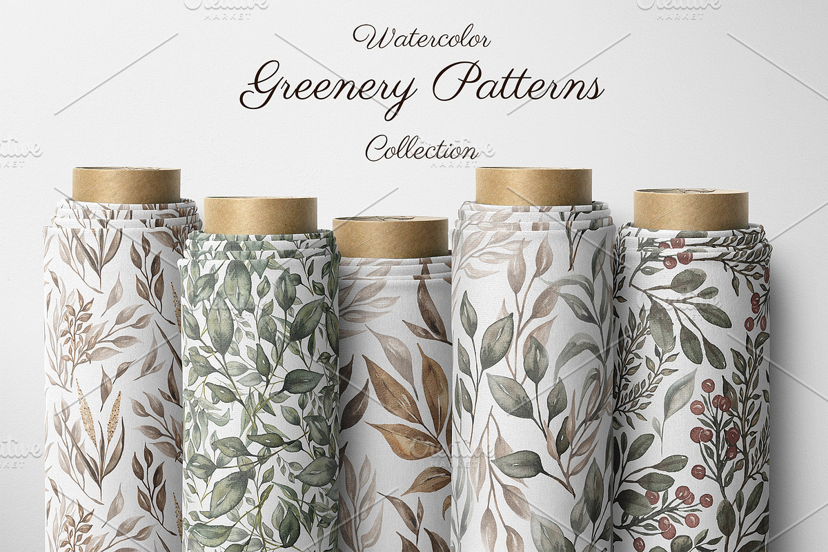 Watercolor Greenery Patterns, a Pattern Graphic by MayaNavits (Photo 1 of 11)