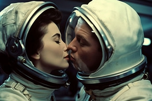 Retro Astronauts Man And Woman Kiss