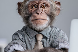 Monkey dressed in shirt and tie sitting at office desk with lapt, an Abstract Photo by Ales Munt