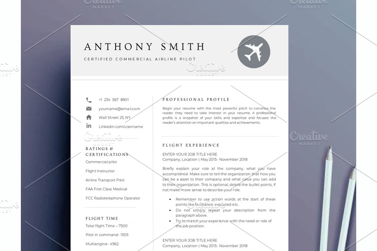 Pilot resume & cover letter template, a Resume Template by Climbwithelevator (Photo 1 of 11)