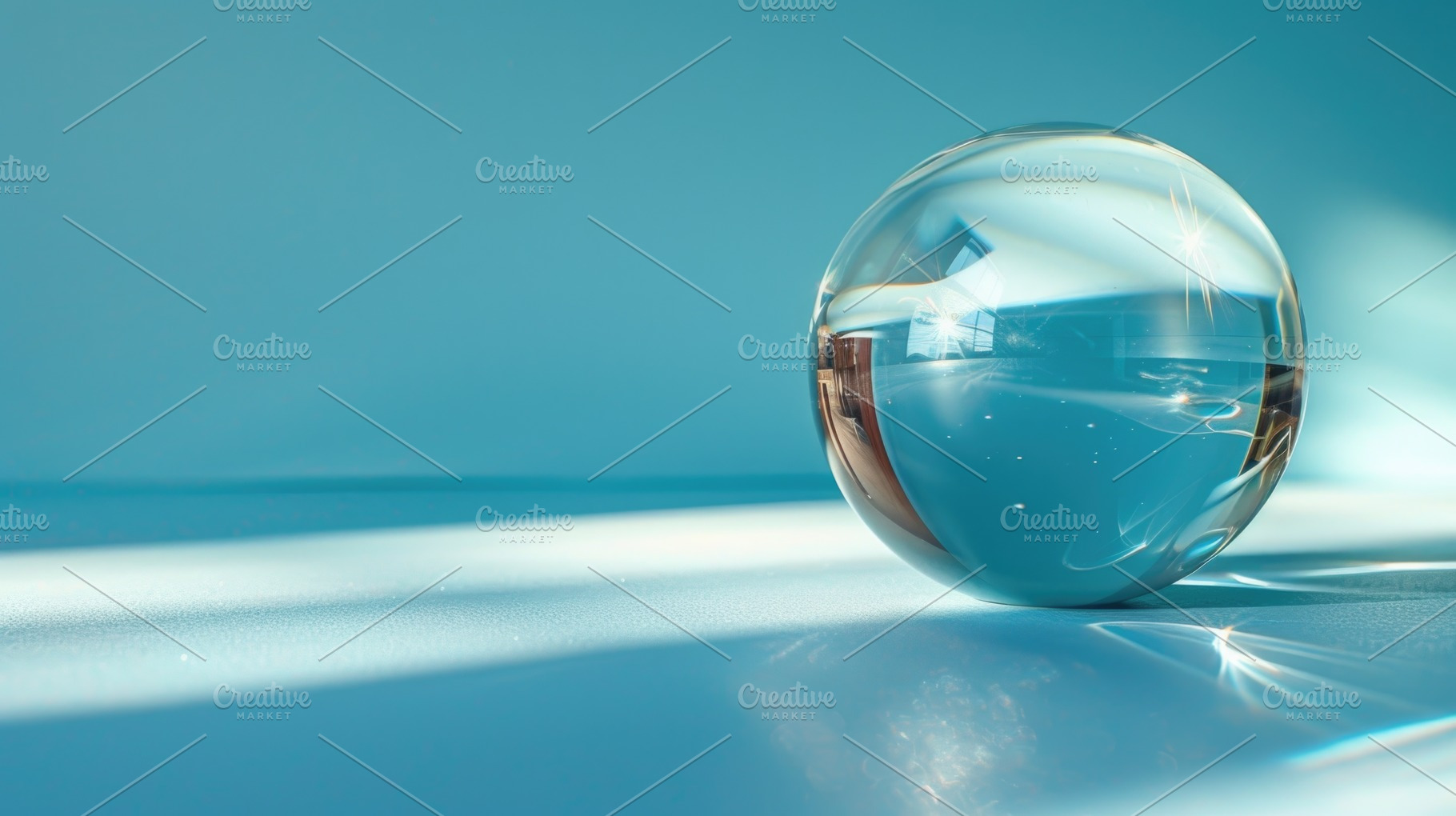 Glossy glass sphere with blue liquid reflection and sunlight fla, an Abstract Photo by José Manuel Gelpi