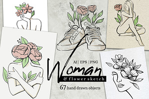 Woman & Flower Sketch. Female Art.