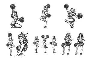 Cheerleader Pin Up engraving set, a Sport Illustration by AlexArt