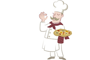 Chef standing holding a pizza, an Illustration by javi.ruiz