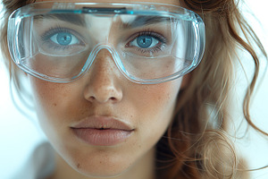 Close-up portrait of a young woman with blue eyes and curly hair, wearing prote, a Person Photo by ImageMir