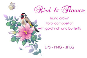 Hand Drawn Bird On Pink Flower