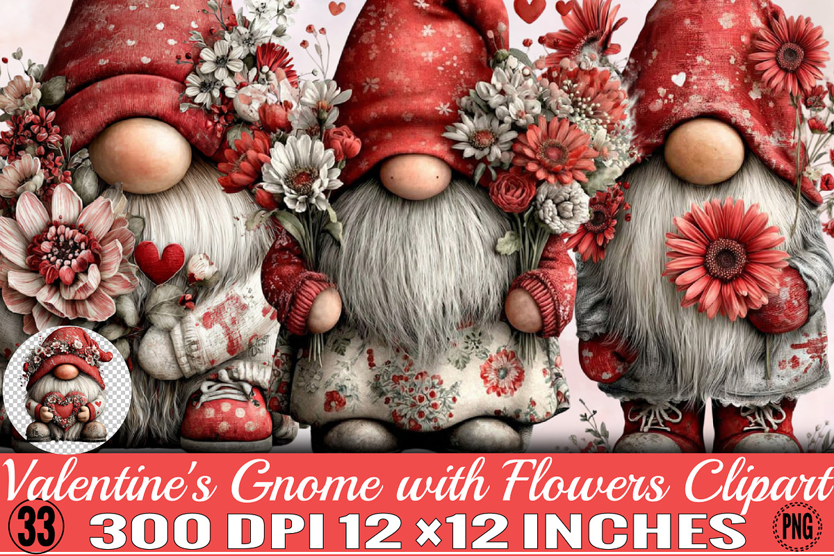 Valentine's Gnome with Flowers Clipa, an Illustration by SVGArt (Photo 1 of 8)