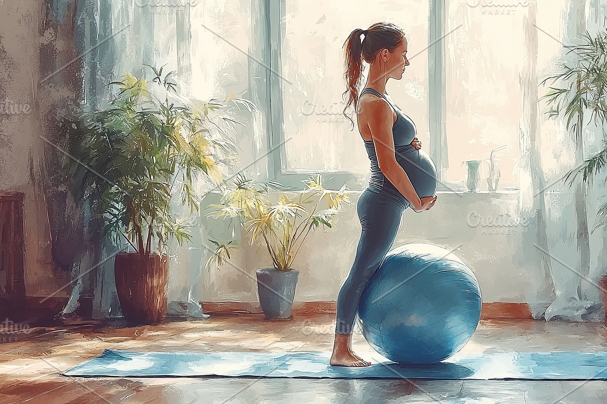 Pregnant woman performs yoga on a balance ball in a peaceful home setting, an Illustration by AS photostudio
