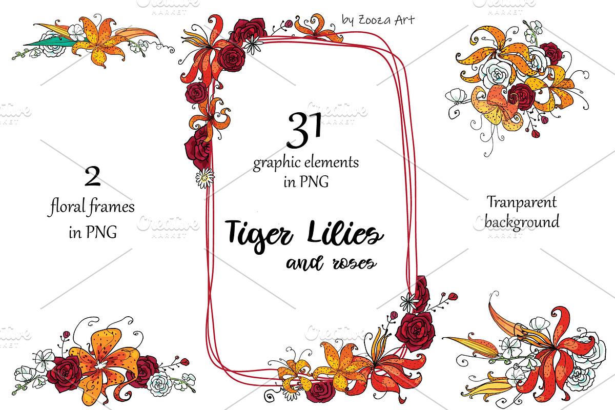 Tiger Lilies & Roses - clip-art, an Illustration by Zooza Art (Photo 3 of 15)
