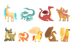 Mythological Animals, Set For Label Design. Dragon, Unicorn, Pegasus, Griffin, Cartoon Detailed Illustrations