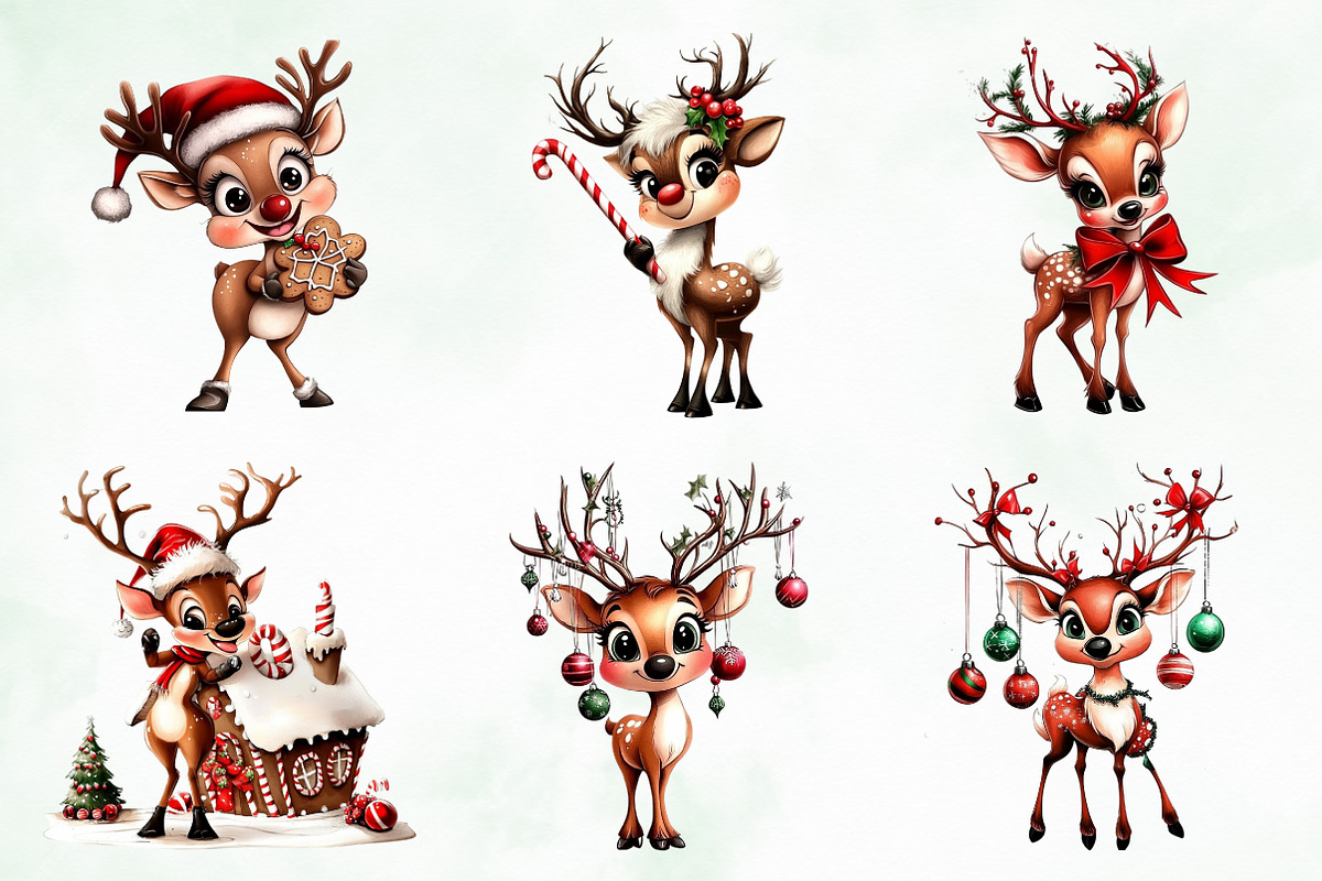 Whimsical Christmas Reindeer Clipart, an Illustration by Creative Art (Photo 4 of 11)