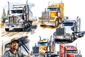 Watercolor Semi Trucks Clipart