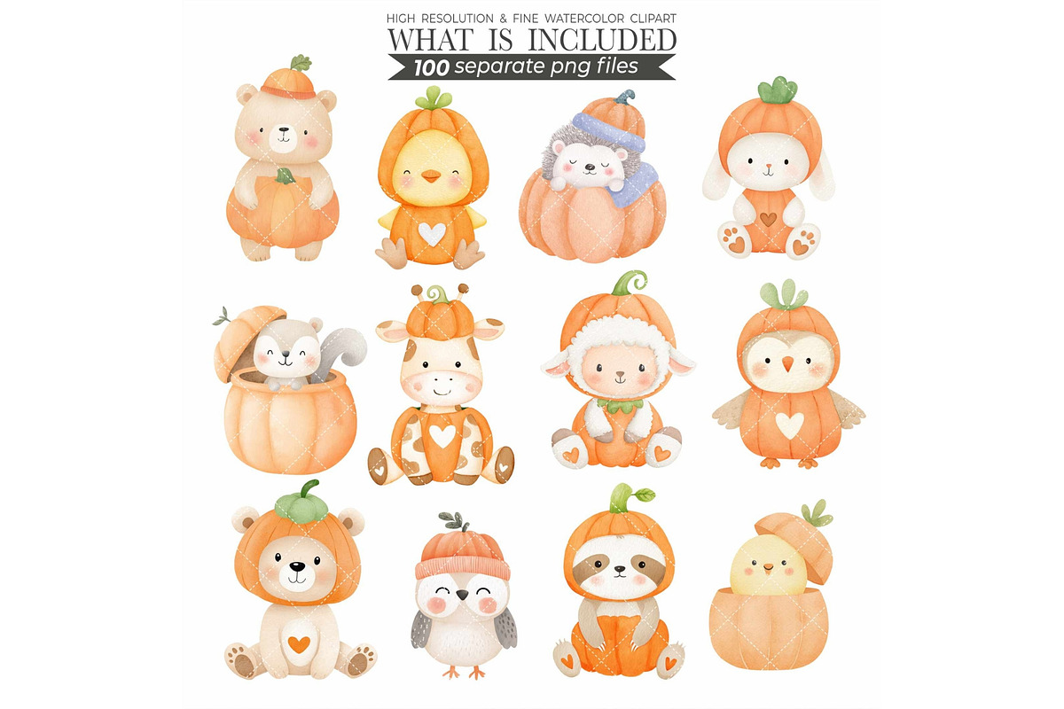 Watercolor Pumpkin Patch Animal, an Animal Illustration by CharmClipart (Photo 3 of 10)