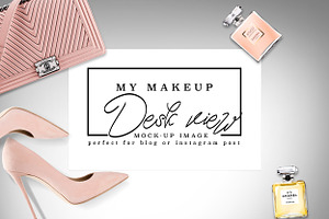 Luxury brand makeup desk post mockup containing chanel, stock photography