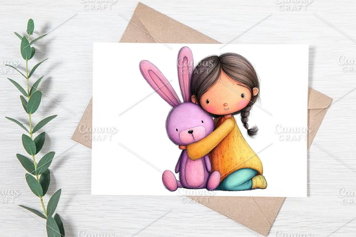 Quirky Girl With Teddy Bunny Clipart, an Illustration by Canvas Craft (Photo 6 of 7)