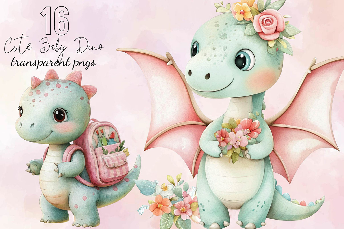 Cute Watercolor Dinosaur Clipart Bu, an Illustration by SVGArt (Photo 1 of 9)
