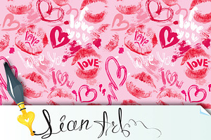 Seamless Pattern With Hearts, Lips