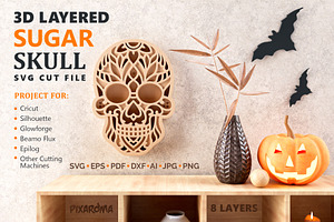 Sugar Skull 3D Layered SVG Cut File