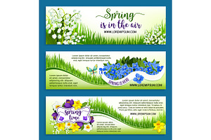 Hello Spring Flowers Wreath Vector Banners Set