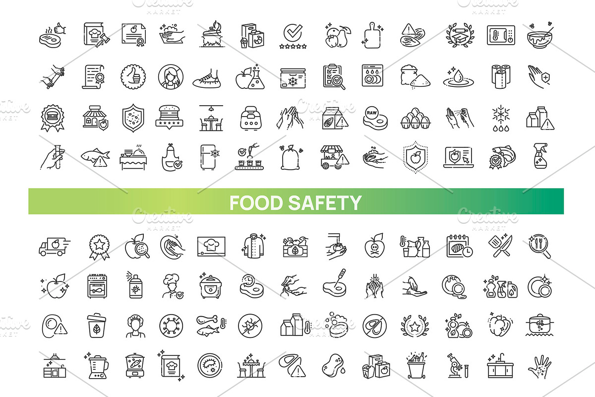 Set of outline food safety icons, a Food Illustration by Tettygreen (Photo 1 of 3)