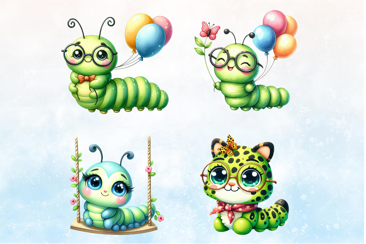 Watercolor Cute Caterpillar Clipart, a Seasonal Illustration by Rose Art (Photo 3 of 7)