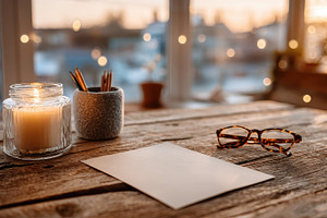 Cozy workspace candle pencils paper, a Photo by Pixeness Studio