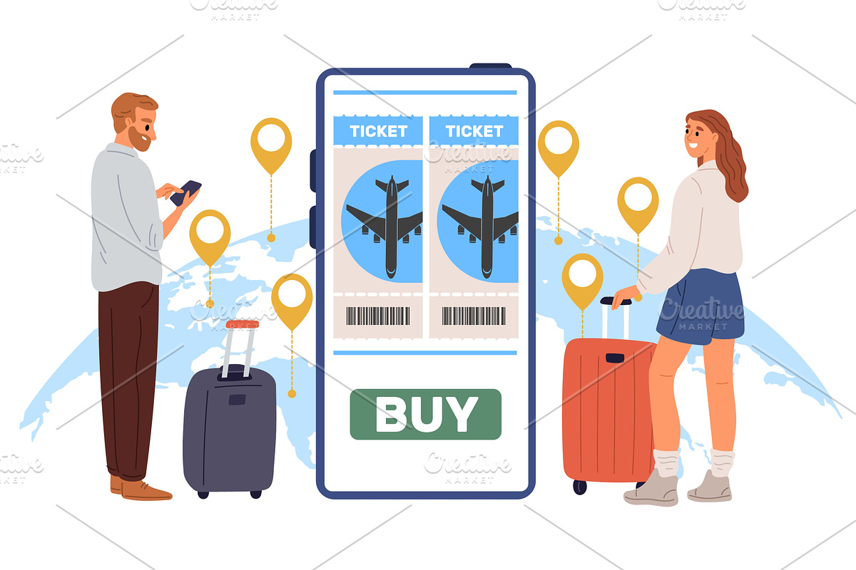 People buy airplane tickets online, a Transportation Illustration by Vectorbuum