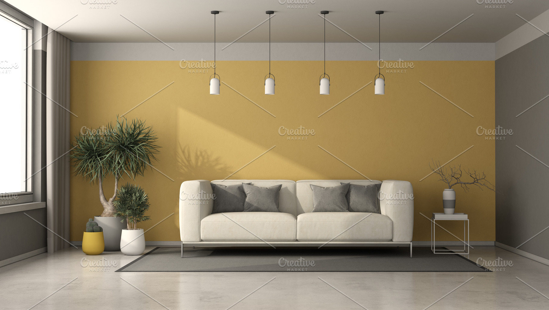 Gray and yellow living room with modern sofa, an Architecture Photo by Archideaphoto