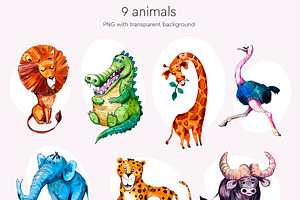 Savanna Animals. Watercolor Clipart