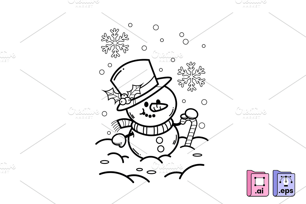 Coloring Page Snowman Illustration, a Seasonal Illustration by MISS CHATZ (Photo 2 of 3)