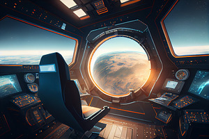 Space Station Window View. Spaceship Grunge Interior With View On Planet Earth