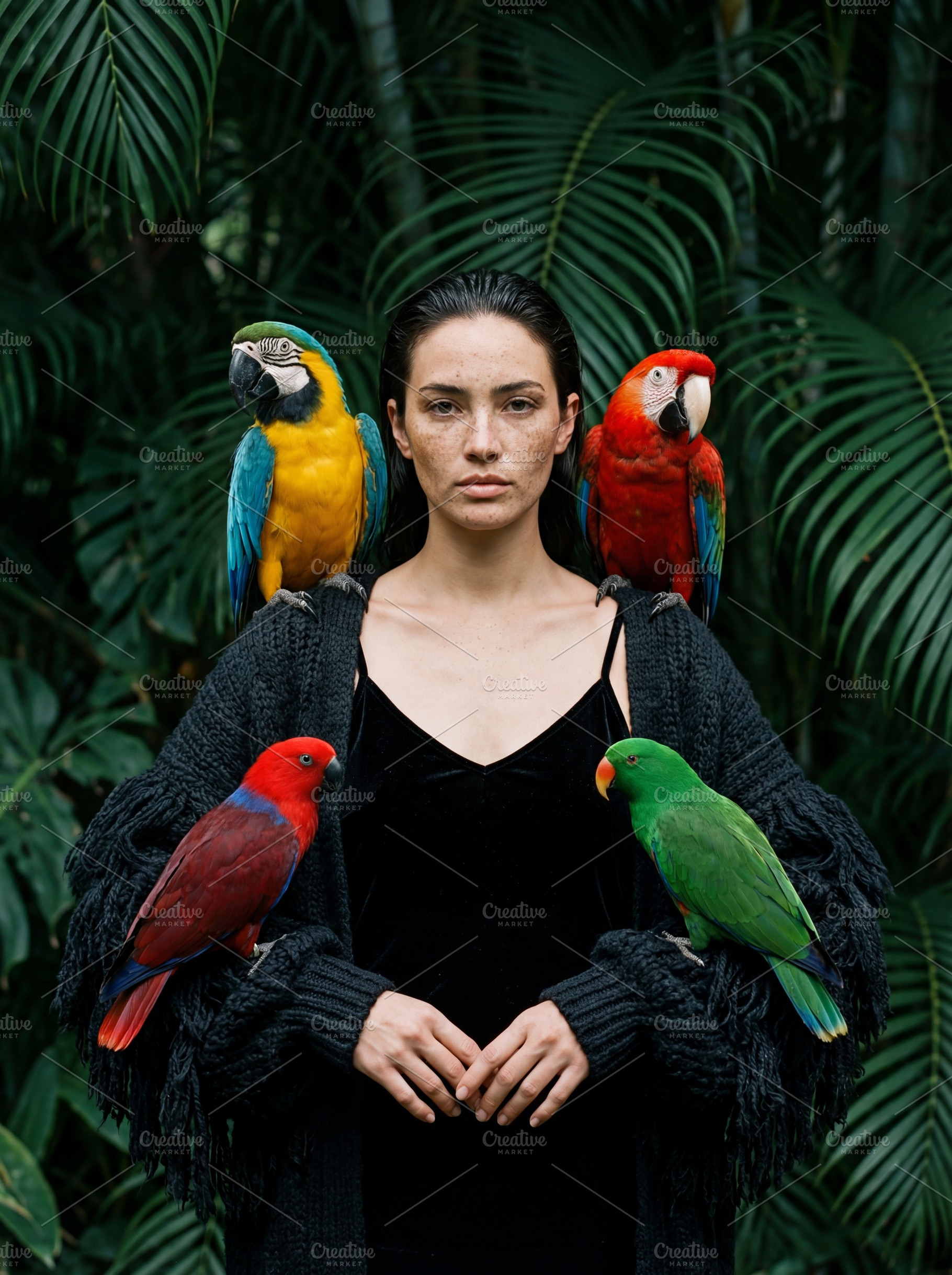 Exotic Portrait of Woman and Parrots, a Nature Photo by Virgo Studio