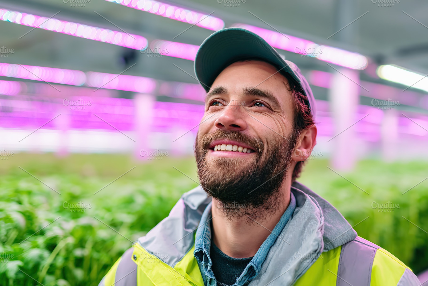 Smiling worker in greenhouse under neon lights during indoor farming activities, a Photo by AlyaAnd