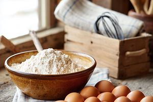 Fresh brown eggs and wooden bowl of, a Food & Drink Photo by MistyDay