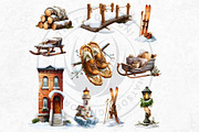 Watercolor Winter Scenes Cliparts, a Seasonal Illustration by ThatsDesignArt (Thumbnail 16 of 17)