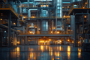 A large industrial facility with metallic structures, pipes, and glowing lights, an Industrial Photo by Textures & Backgrounds
