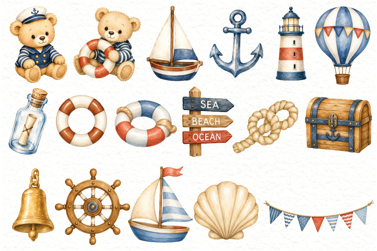Nautical Teddy Bear Clipart, an Animal Illustration by Villa 11 Estudio (Photo 3 of 10)